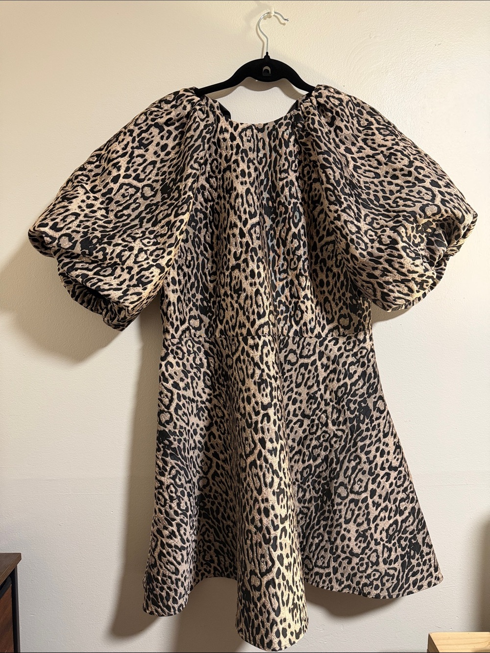 Puff Sleeve Leopard Print Mini Dress in Beige and Black